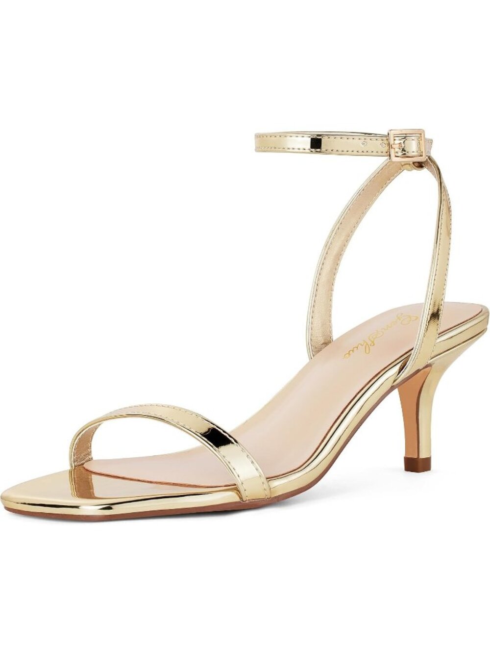 Women's Gold Square Open Toe Kitten Ankle Strap Sandals Strappy Low Heels